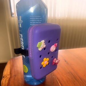 Purple Silicone Water Bottle Phone Pouch with Charms & Adjustable Stretch Strap
